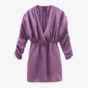 ZARA Fillsens Purple Silky Lyocell Mini Dress S Ruched Sleeve V-Neck Party NWT